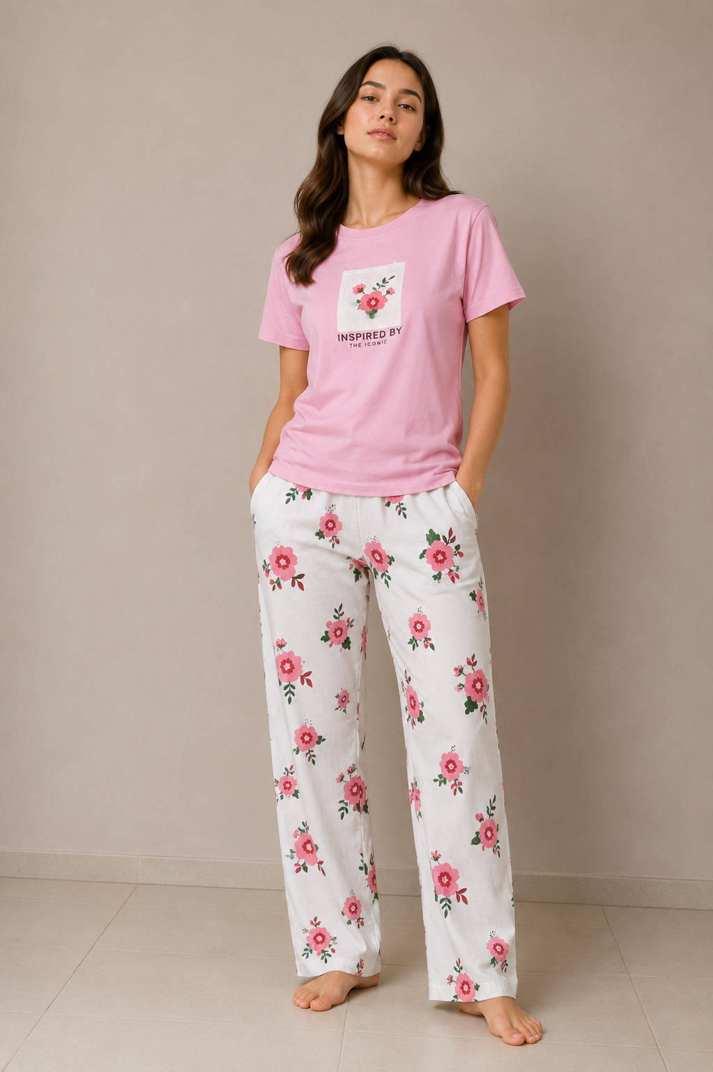 Women's Pink Floral Night Suit – Soft Round Neck T-Shirt & Pajama Set